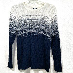 Lands End Drifter Pullover Sweater Cotton Cable Knit Blue White EUC Large 14-16
